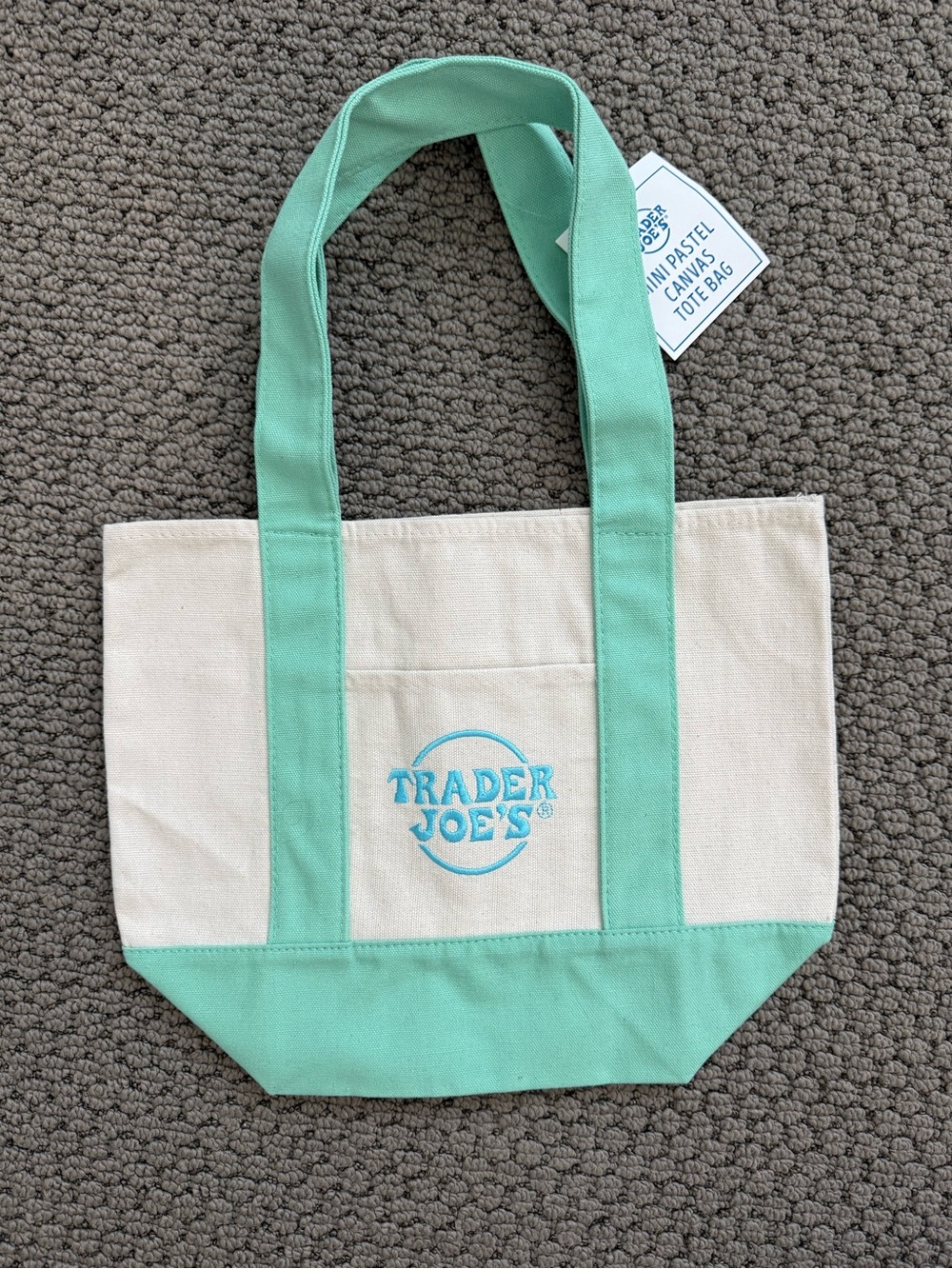 Trader Joe's pastel Green and Cream Canvas Mini Tote Bag